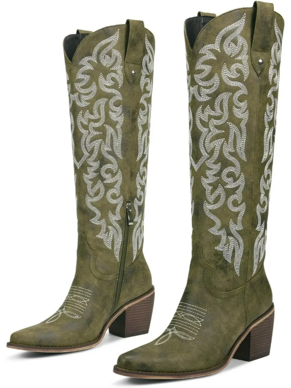 Women's Army Green Knee High Cowboy Boots Chunky Heel Leather Chunky Heel Pull
